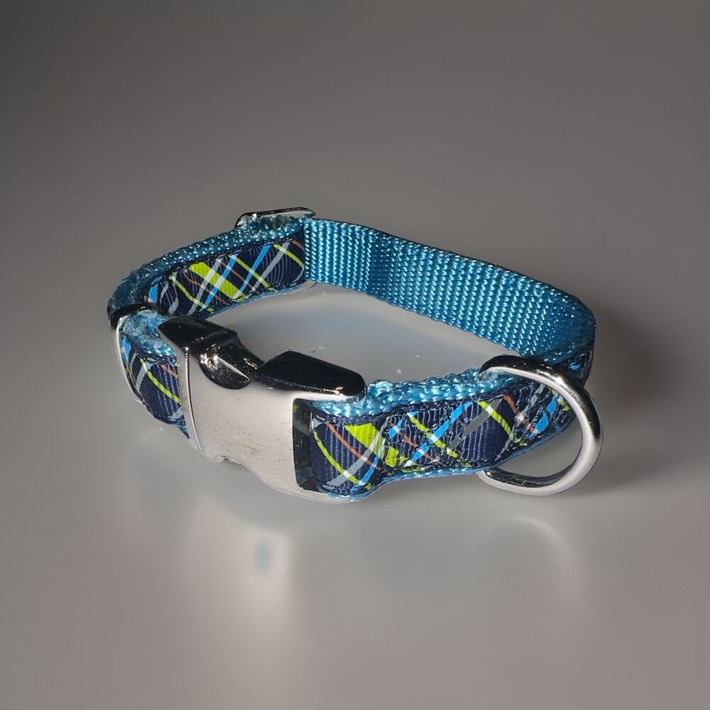Dog Cat Collar Blue Plaid Adjustable ALU‑Max Metal Buckle 1/2in 9.5–12in Small